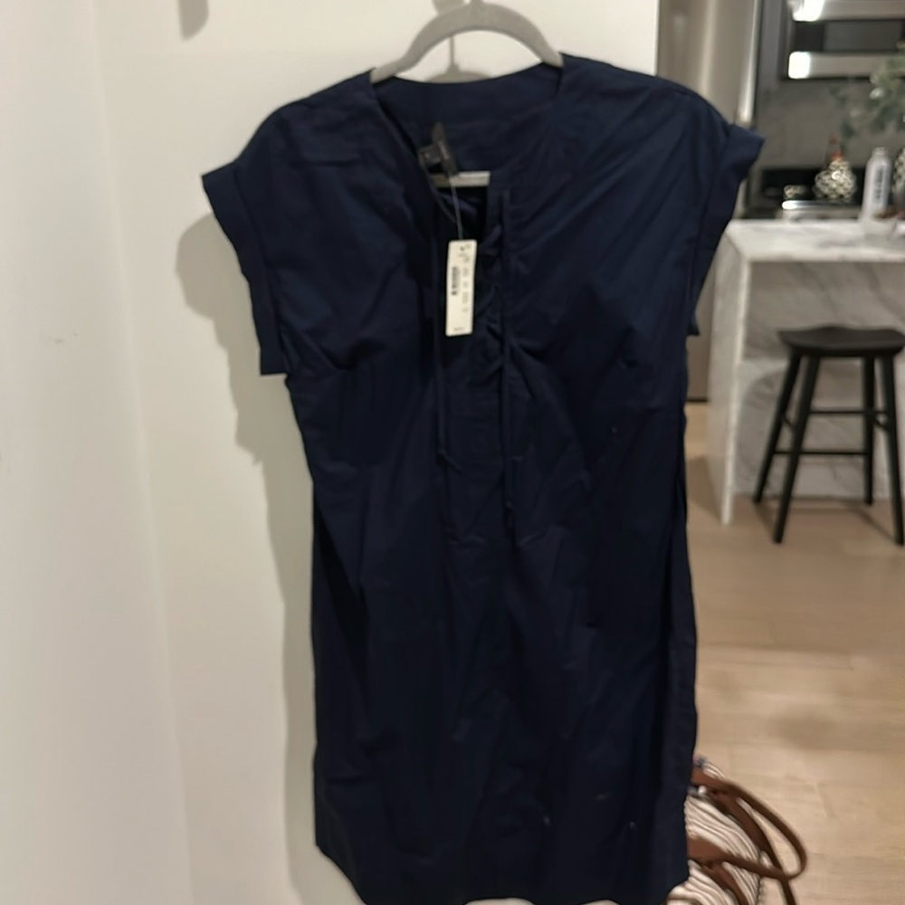 J Crew Navy Blue Lace Up 100% Cotton Short Sleeve Shirt Dress